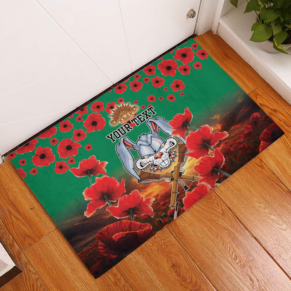 Personalised Rabbitohs Rugby ANZAC Rubber Doormat Starry Night and Field of Poppies