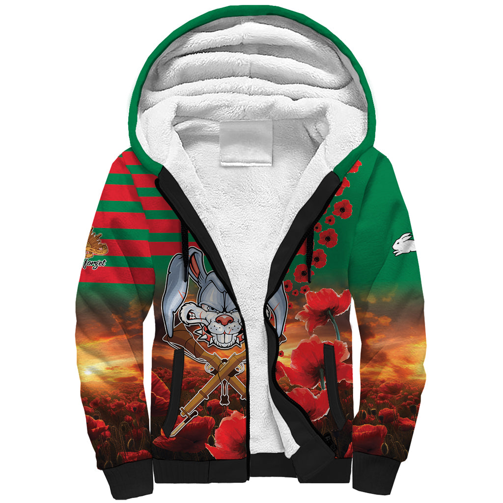 Personalised Rabbitohs Rugby ANZAC Sherpa Hoodie Starry Night and Field of Poppies