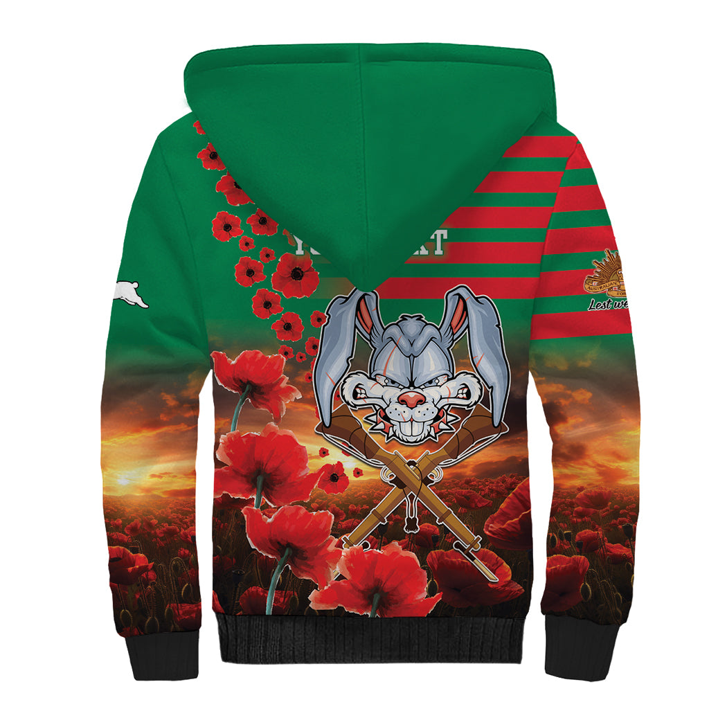 Personalised Rabbitohs Rugby ANZAC Sherpa Hoodie Starry Night and Field of Poppies