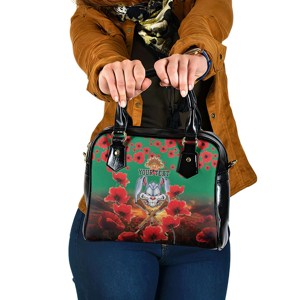 Personalised Rabbitohs Rugby ANZAC Shoulder Handbag Starry Night and Field of Poppies