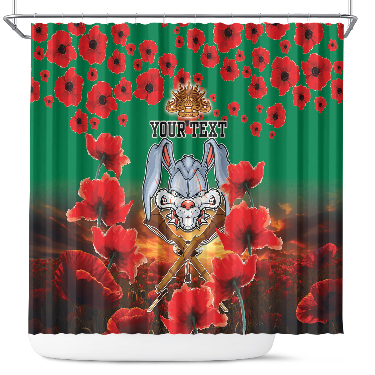 Personalised Rabbitohs Rugby ANZAC Shower Curtain Starry Night and Field of Poppies