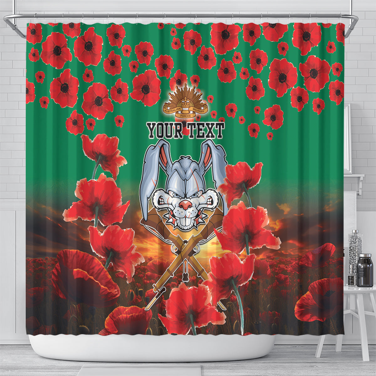 Personalised Rabbitohs Rugby ANZAC Shower Curtain Starry Night and Field of Poppies