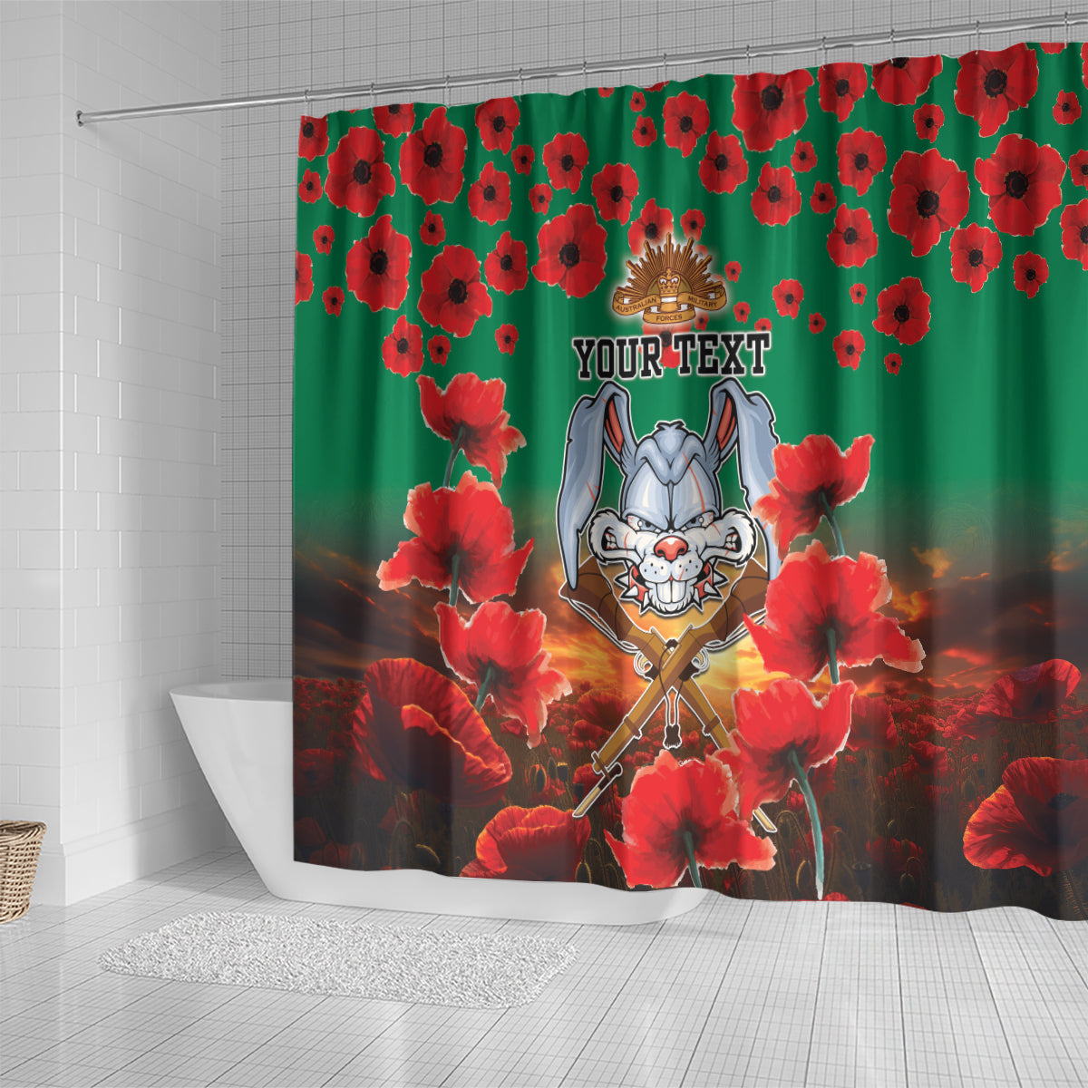 Personalised Rabbitohs Rugby ANZAC Shower Curtain Starry Night and Field of Poppies