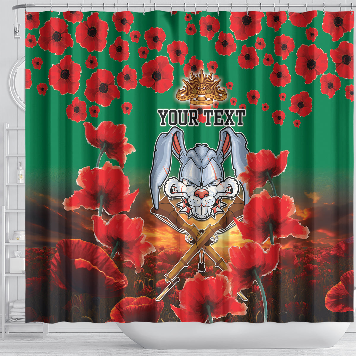 Personalised Rabbitohs Rugby ANZAC Shower Curtain Starry Night and Field of Poppies