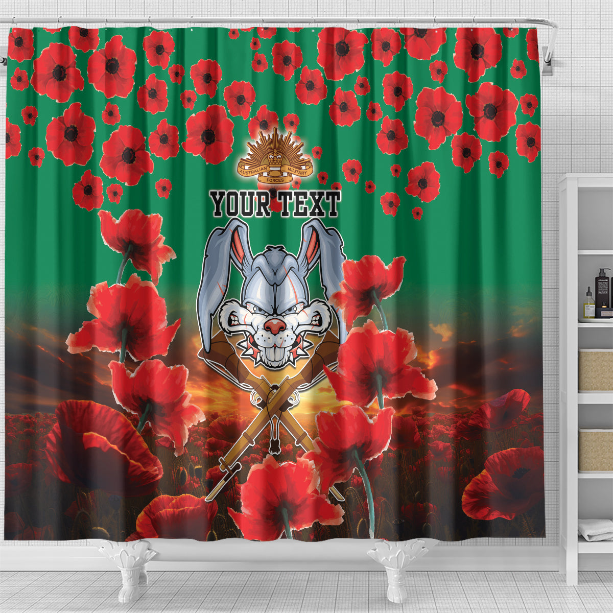 Personalised Rabbitohs Rugby ANZAC Shower Curtain Starry Night and Field of Poppies