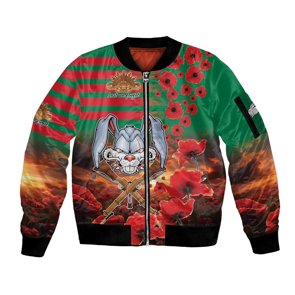 Personalised Rabbitohs Rugby ANZAC Sleeve Zip Bomber Jacket Starry Night and Field of Poppies