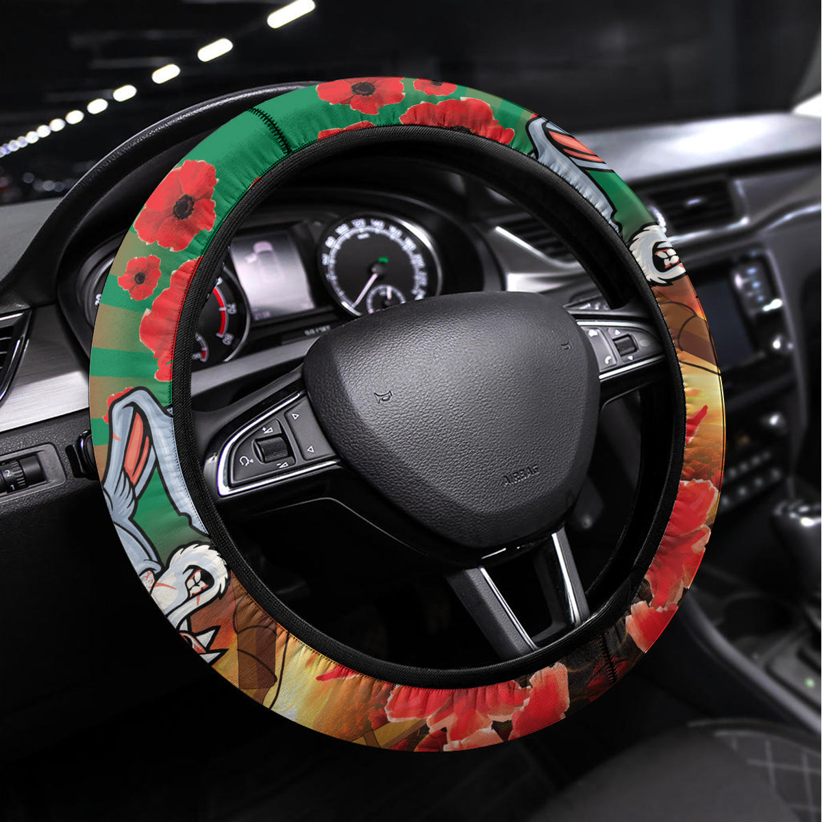 Rabbitohs Rugby ANZAC Steering Wheel Cover Starry Night and Field of Poppies