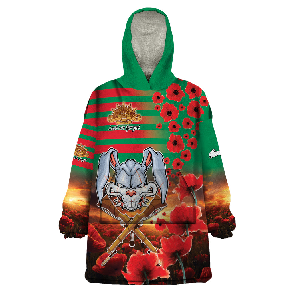 Personalised Rabbitohs Rugby ANZAC Wearable Blanket Hoodie Starry Night and Field of Poppies