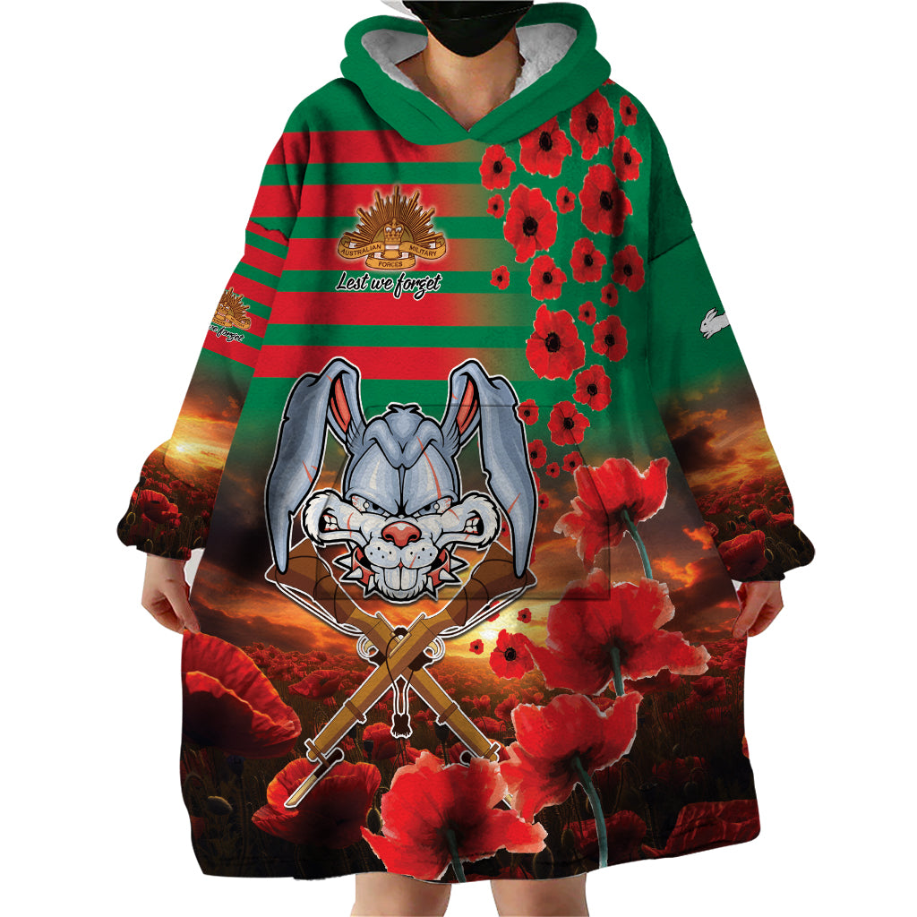 Personalised Rabbitohs Rugby ANZAC Wearable Blanket Hoodie Starry Night and Field of Poppies