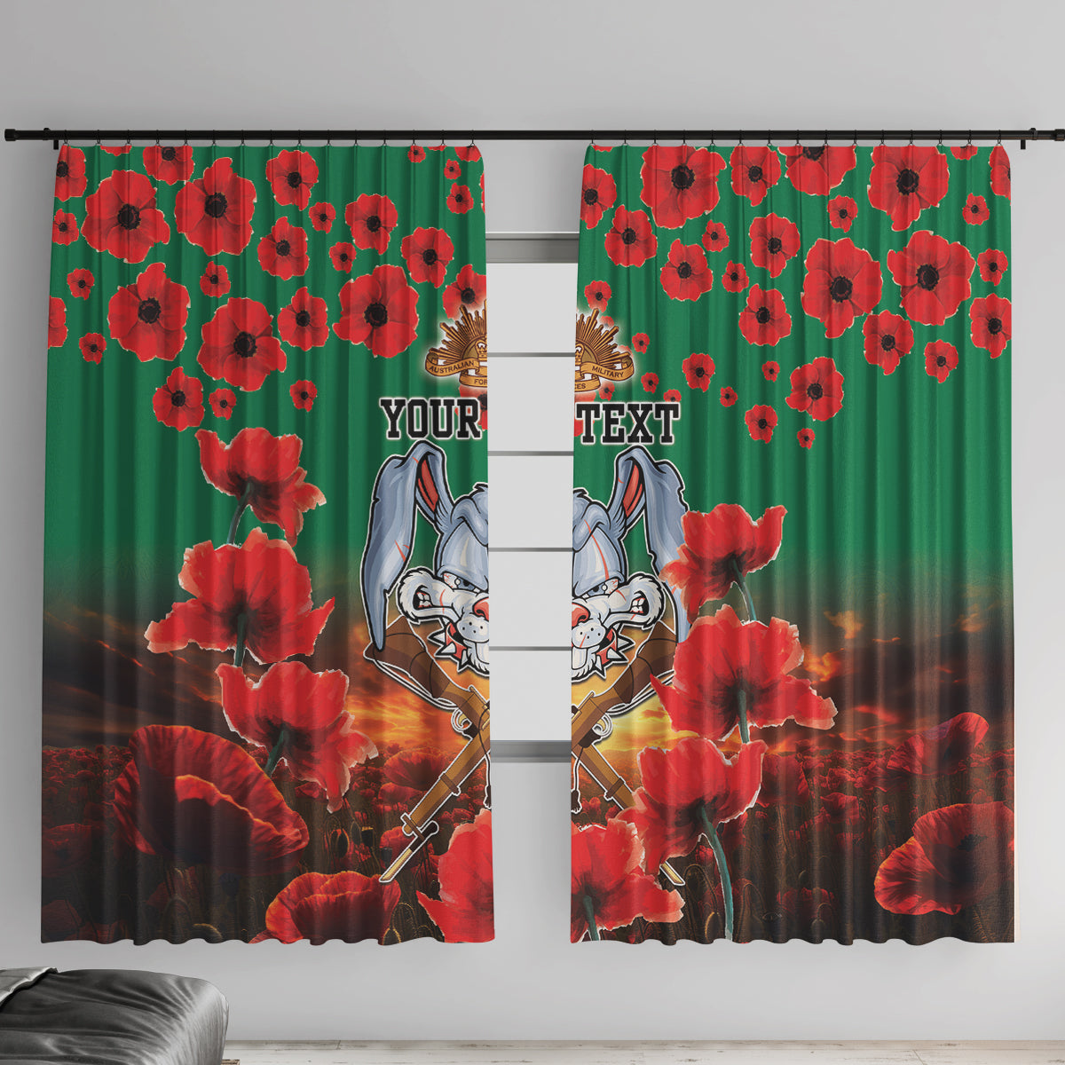 Personalised Rabbitohs Rugby ANZAC Window Curtain Starry Night and Field of Poppies