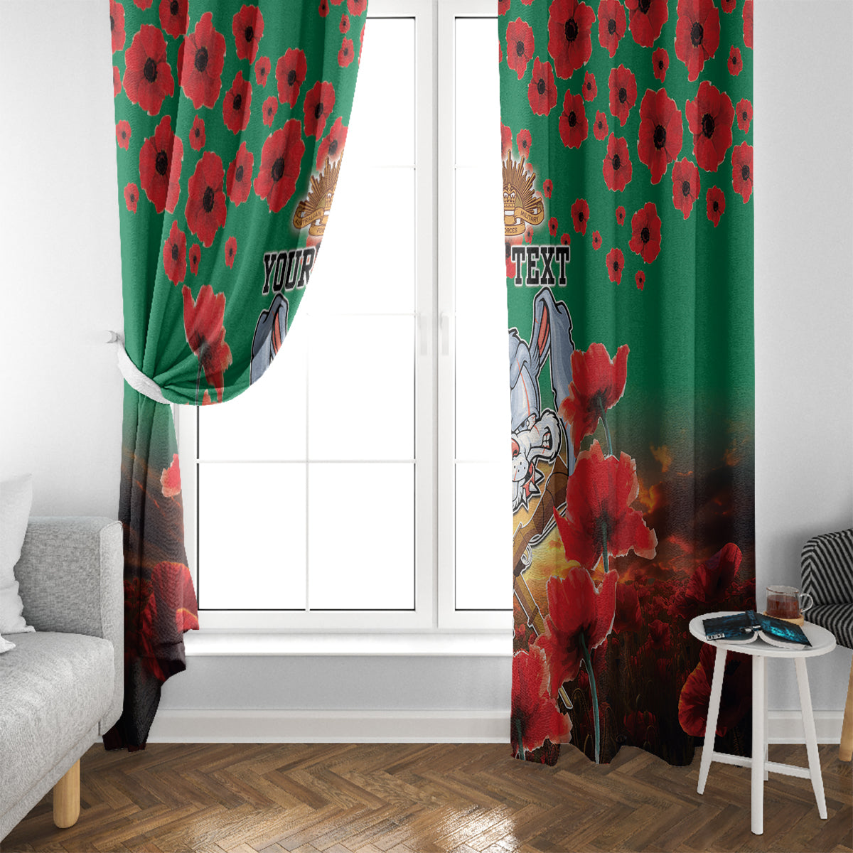 Personalised Rabbitohs Rugby ANZAC Window Curtain Starry Night and Field of Poppies