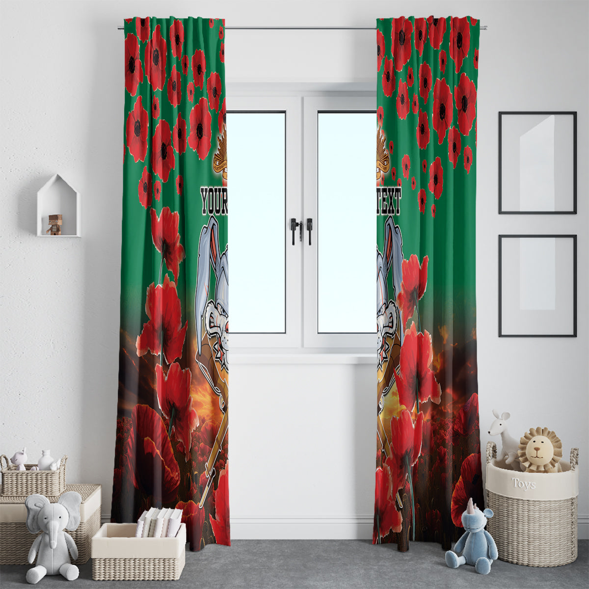 Personalised Rabbitohs Rugby ANZAC Window Curtain Starry Night and Field of Poppies