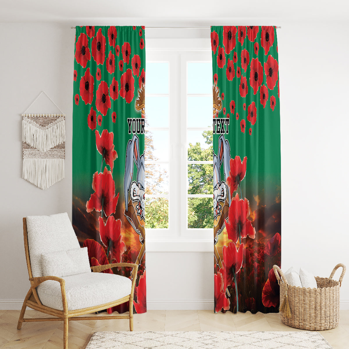 Personalised Rabbitohs Rugby ANZAC Window Curtain Starry Night and Field of Poppies