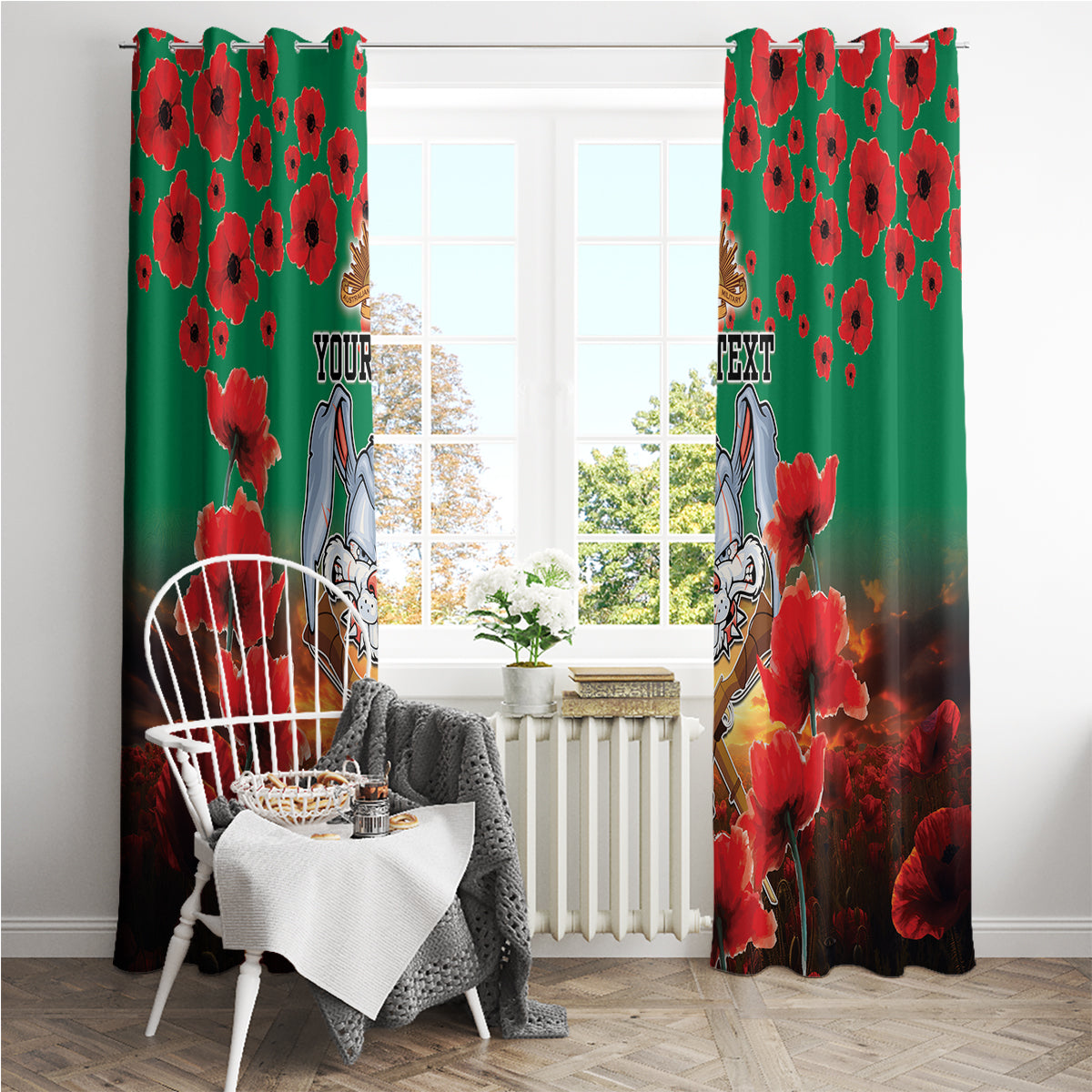 Personalised Rabbitohs Rugby ANZAC Window Curtain Starry Night and Field of Poppies