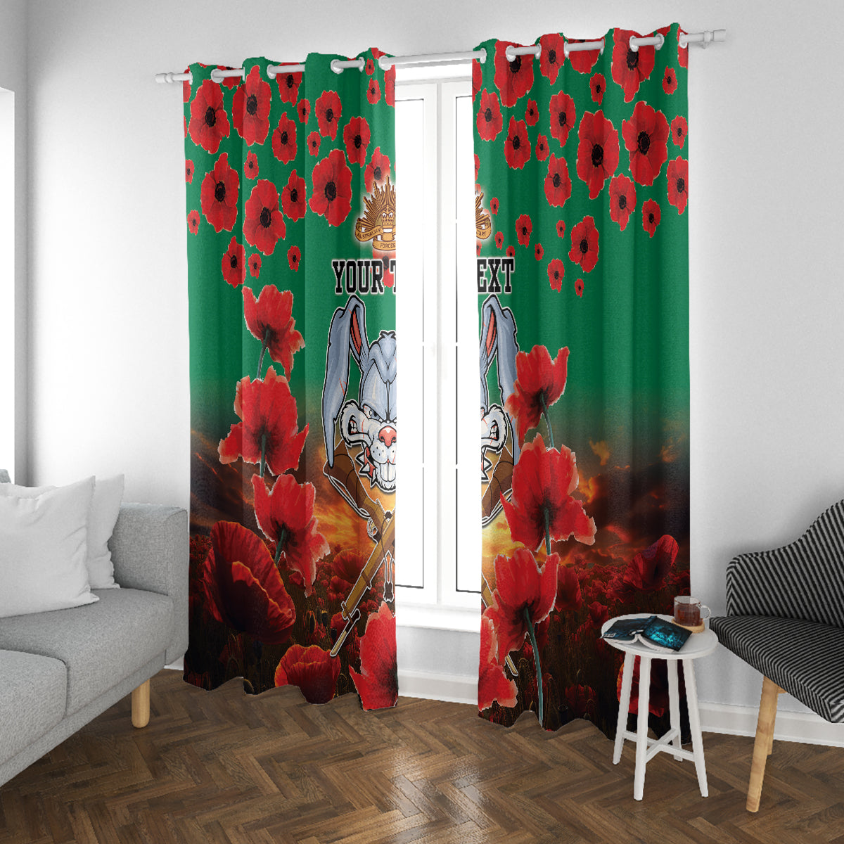 Personalised Rabbitohs Rugby ANZAC Window Curtain Starry Night and Field of Poppies