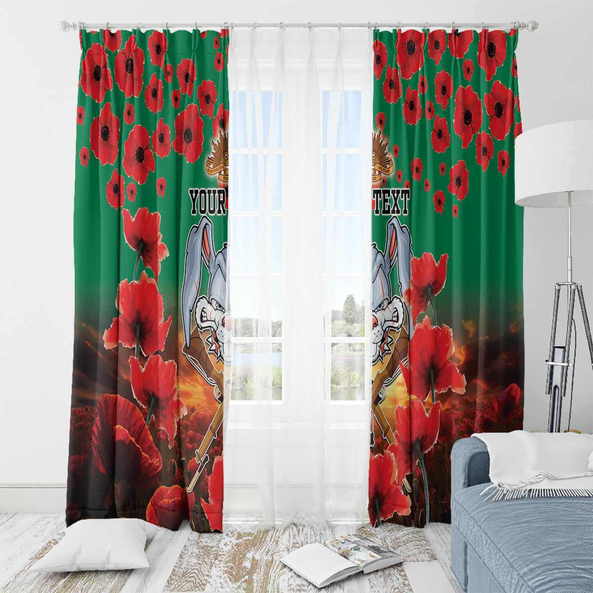 Personalised Rabbitohs Rugby ANZAC Window Curtain Starry Night and Field of Poppies