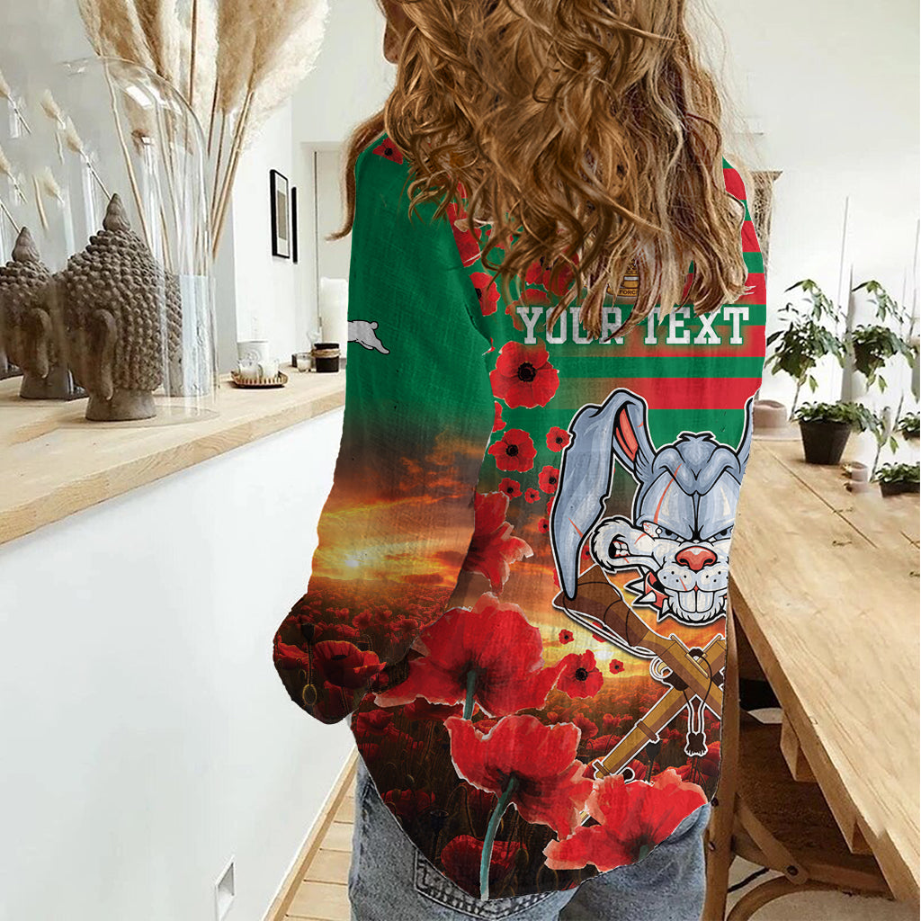 Personalised Rabbitohs Rugby ANZAC Women Casual Shirt Starry Night and Field of Poppies