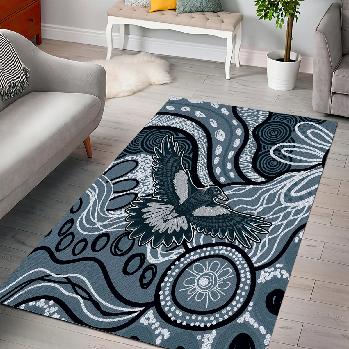 Magpies Aboriginal Art Area Rug