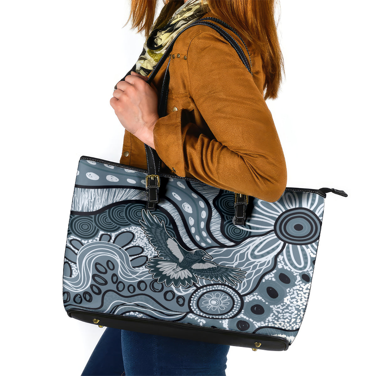 Magpies Aboriginal Art Leather Tote Bag