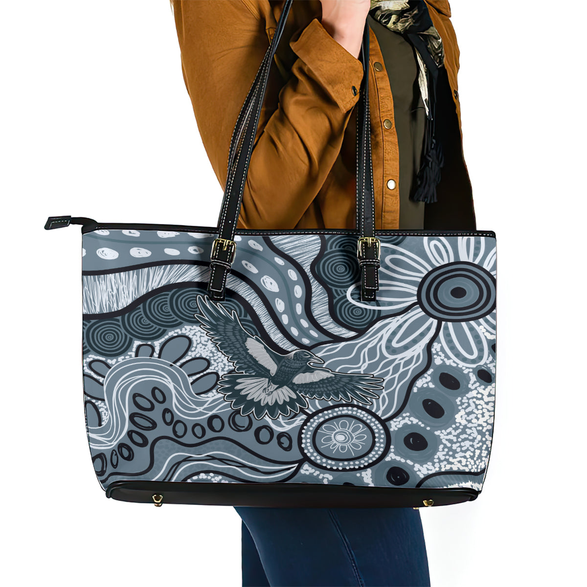 Magpies Aboriginal Art Leather Tote Bag