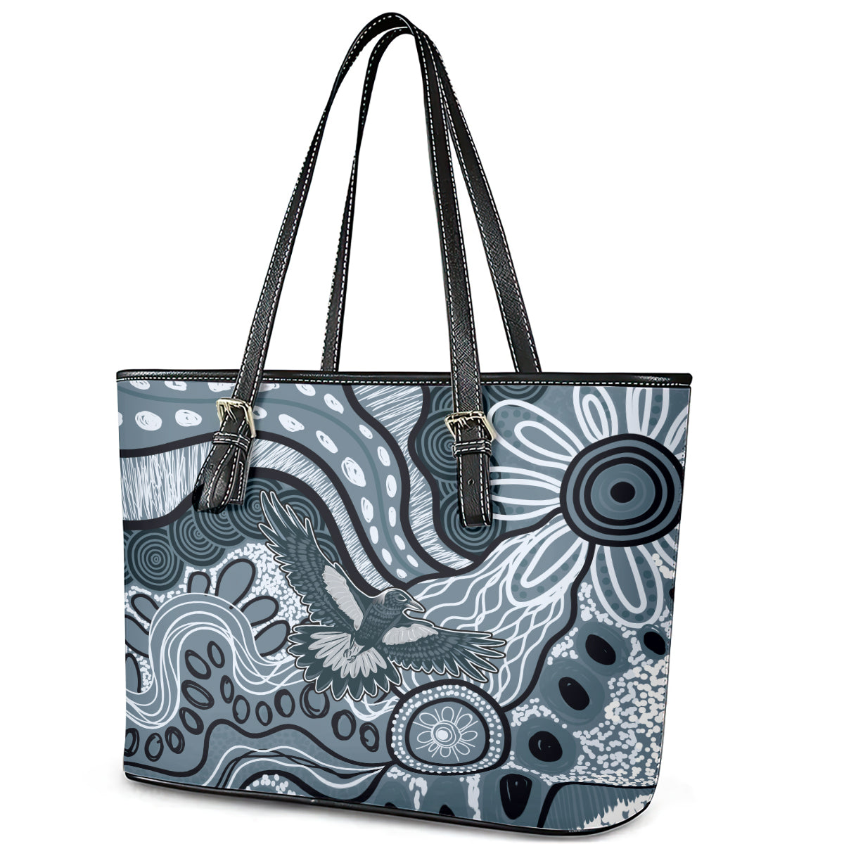 Magpies Aboriginal Art Leather Tote Bag