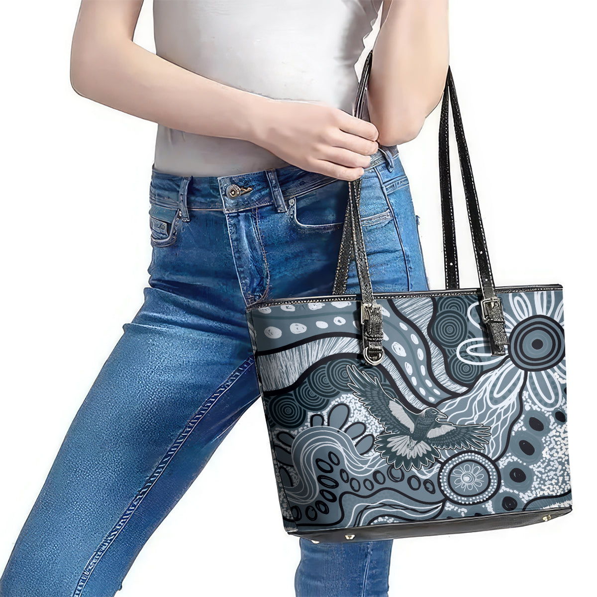 Magpies Aboriginal Art Leather Tote Bag