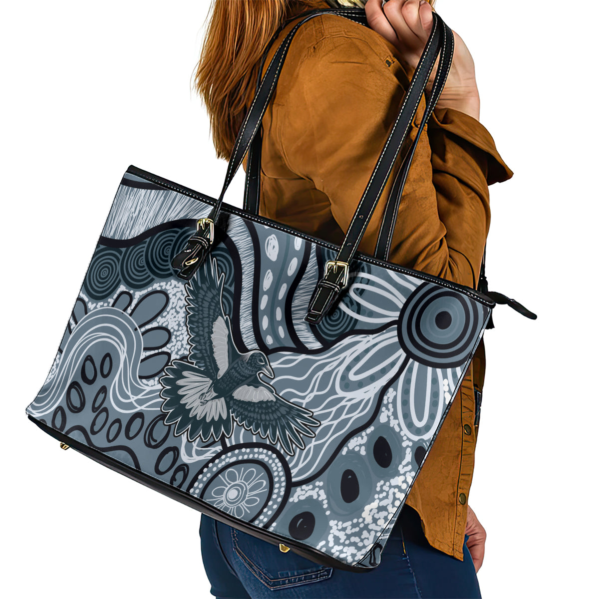 Magpies Aboriginal Art Leather Tote Bag