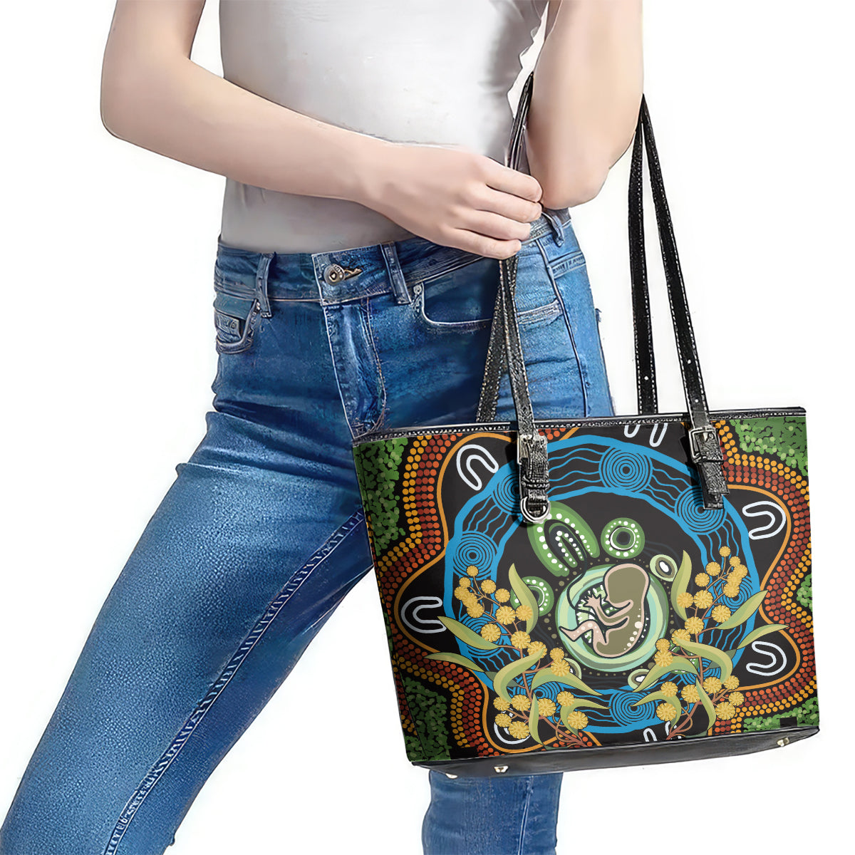 Baby in the Womb Leather Tote Bag Aboriginal Art Style