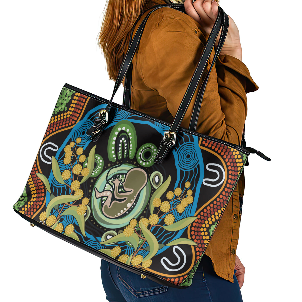 Baby in the Womb Leather Tote Bag Aboriginal Art Style