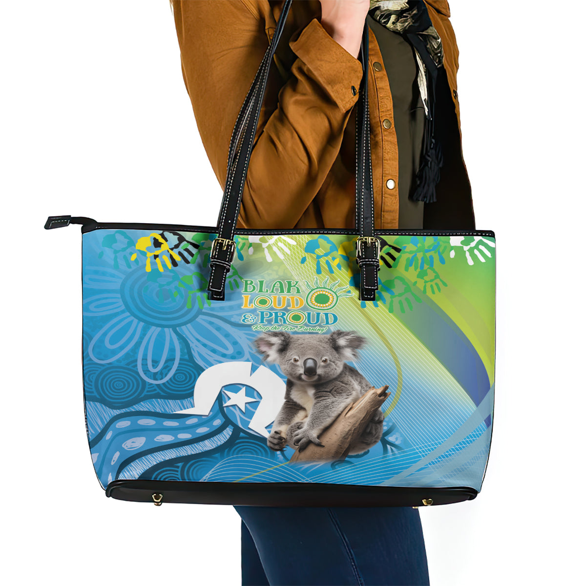 Vivid Minimal Koala NAIDOC 2024 Leather Tote Bag Aboriginal Art Style