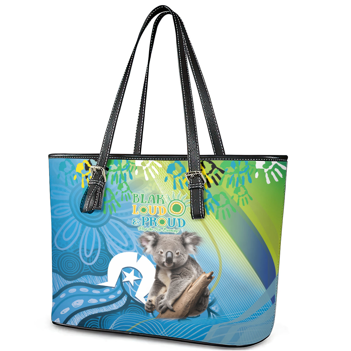 Vivid Minimal Koala NAIDOC 2024 Leather Tote Bag Aboriginal Art Style