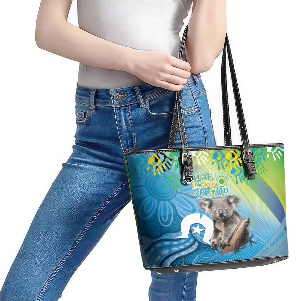 Vivid Minimal Koala NAIDOC 2024 Leather Tote Bag Aboriginal Art Style