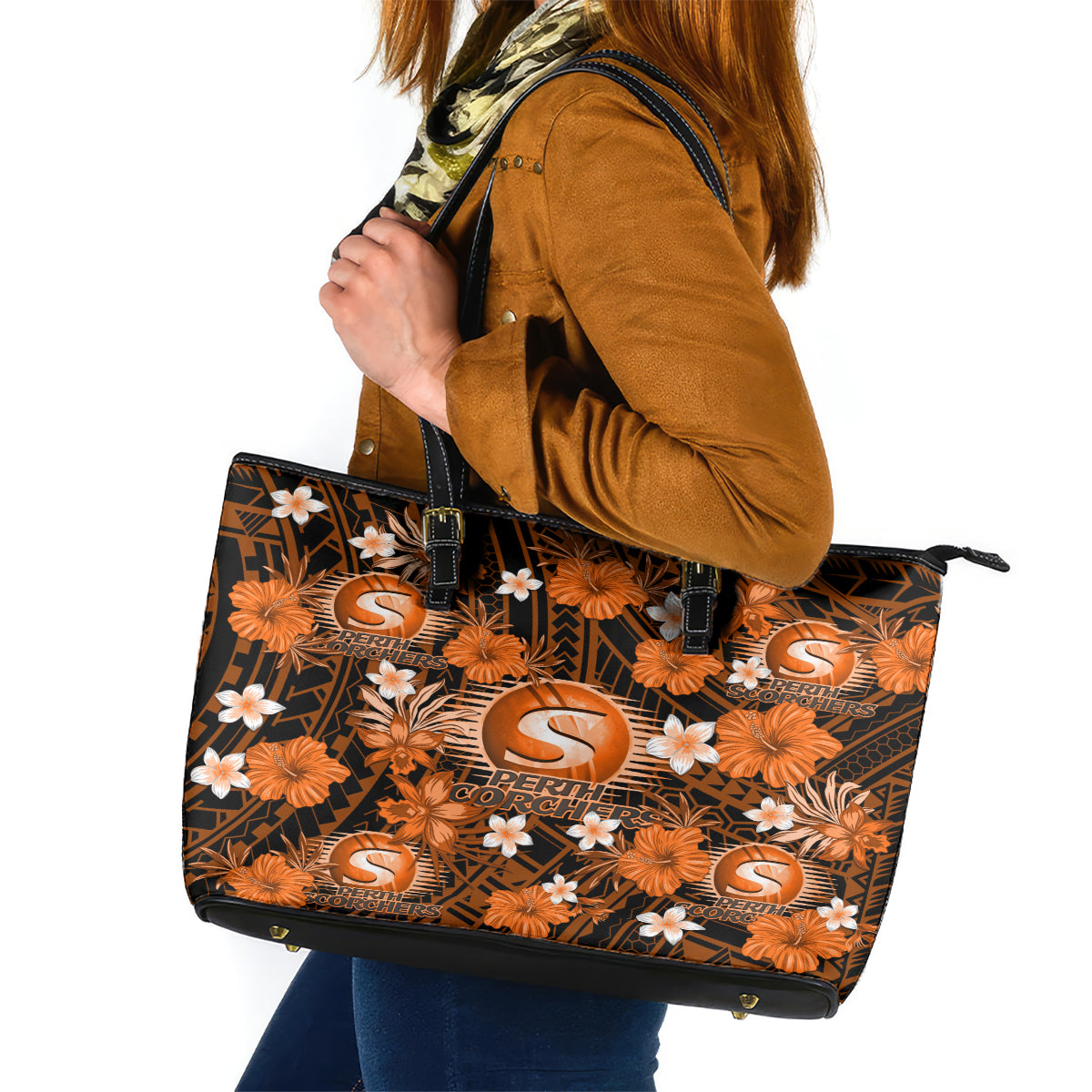 australian-scorchers-cricket-leather-tote-bag-baeuty-pacific-hibiscus-and-polynesian-pattern