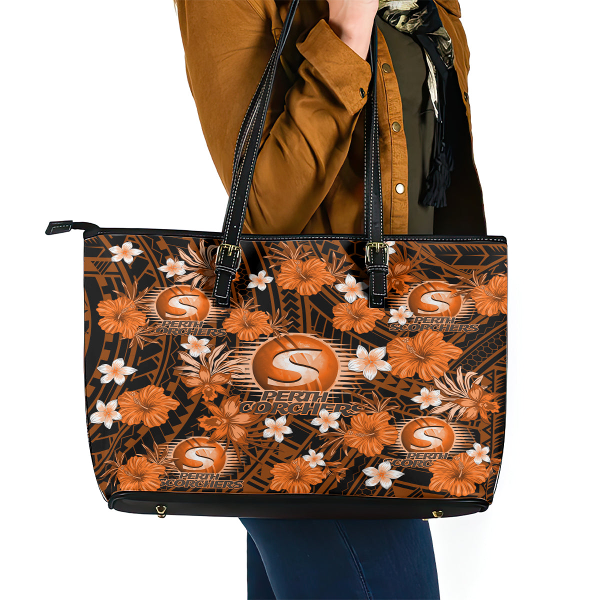 australian-scorchers-cricket-leather-tote-bag-baeuty-pacific-hibiscus-and-polynesian-pattern