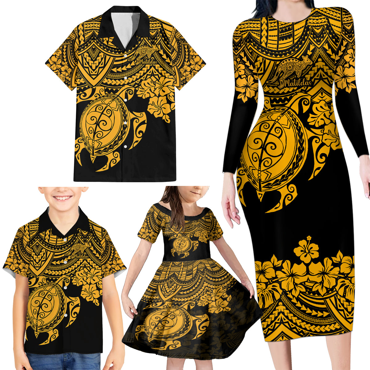 custom-australia-matildas-family-matching-long-sleeve-bodycon-dress-and-hawaiian-shirt-hibiscus-and-turtle-with-polynesian-pattern