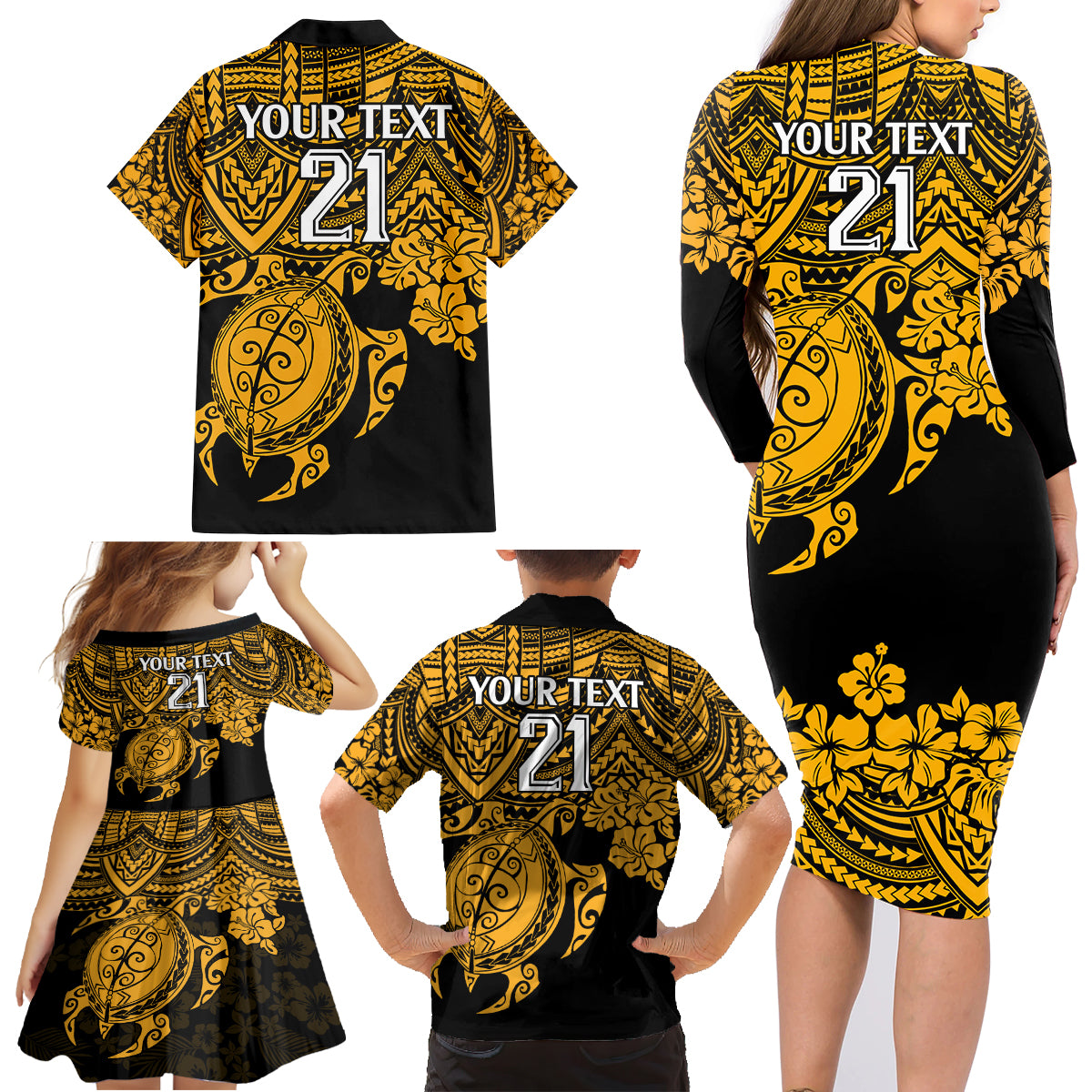 custom-australia-matildas-family-matching-long-sleeve-bodycon-dress-and-hawaiian-shirt-hibiscus-and-turtle-with-polynesian-pattern