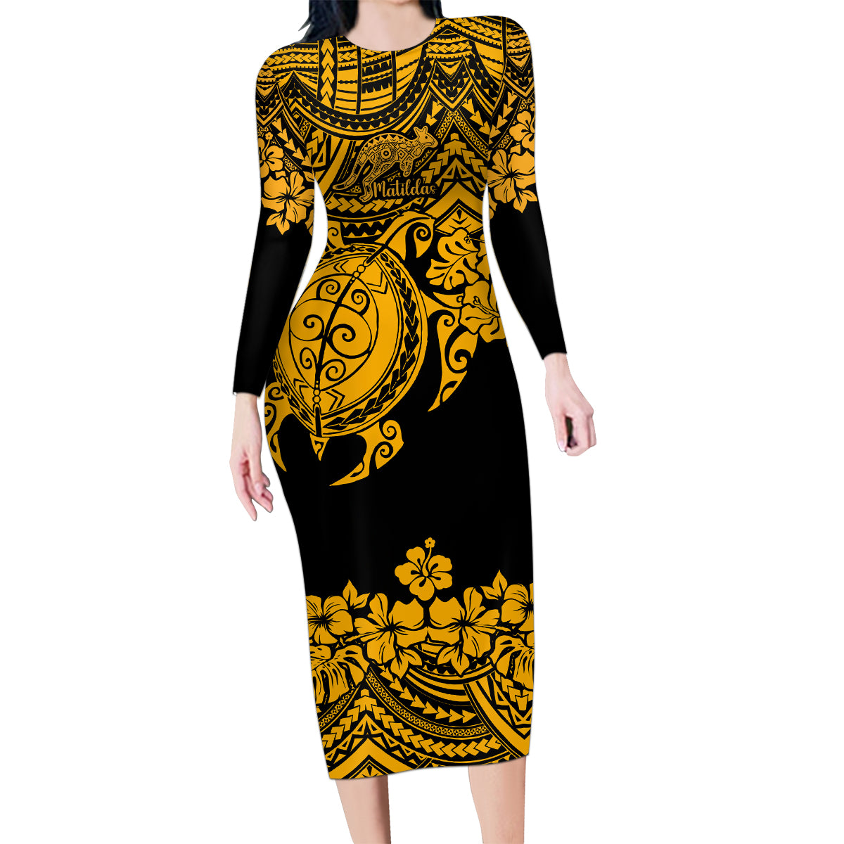 custom-australia-matildas-family-matching-long-sleeve-bodycon-dress-and-hawaiian-shirt-hibiscus-and-turtle-with-polynesian-pattern