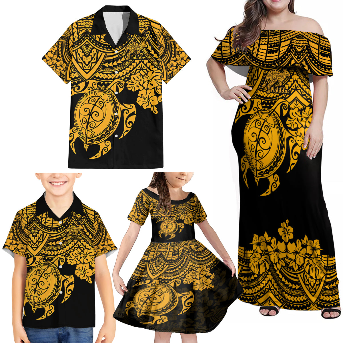 custom-australia-matildas-family-matching-off-shoulder-maxi-dress-and-hawaiian-shirt-hibiscus-and-turtle-with-polynesian-pattern