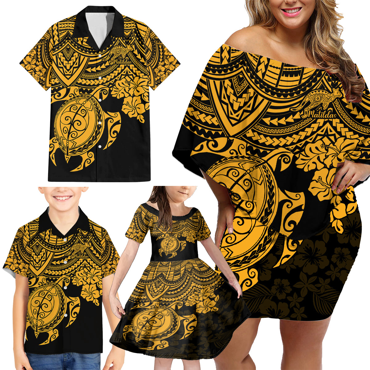 custom-australia-matildas-family-matching-off-shoulder-short-dress-and-hawaiian-shirt-hibiscus-and-turtle-with-polynesian-pattern