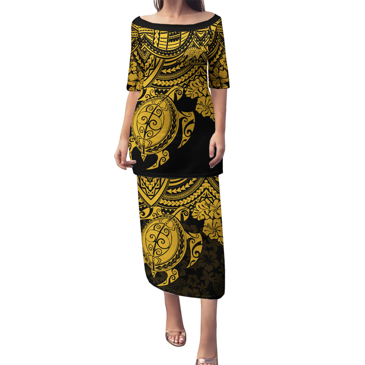 custom-australia-matildas-family-matching-puletasi-dress-and-hawaiian-shirt-hibiscus-and-turtle-with-polynesian-pattern