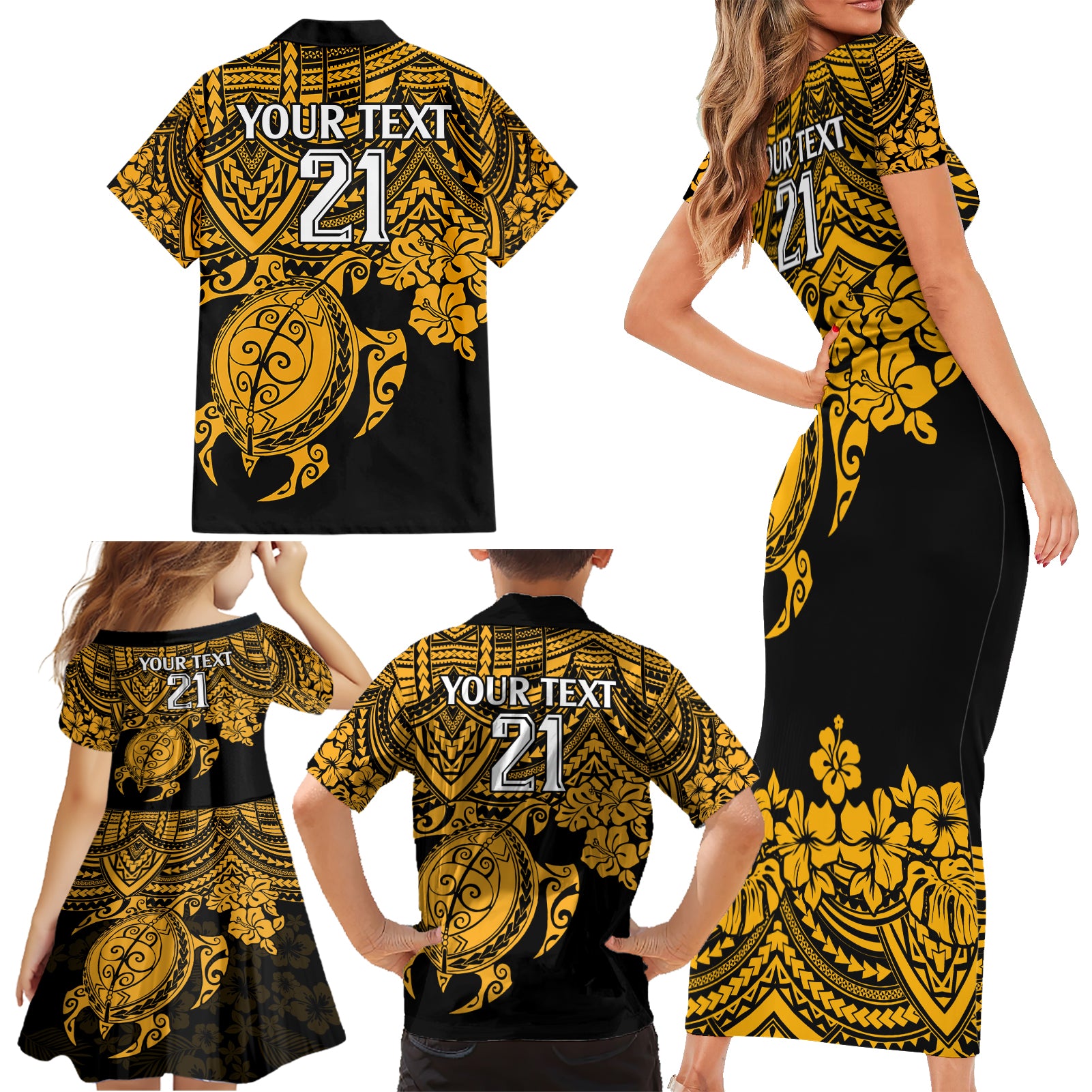 custom-australia-matildas-family-matching-short-sleeve-bodycon-dress-and-hawaiian-shirt-hibiscus-and-turtle-with-polynesian-pattern