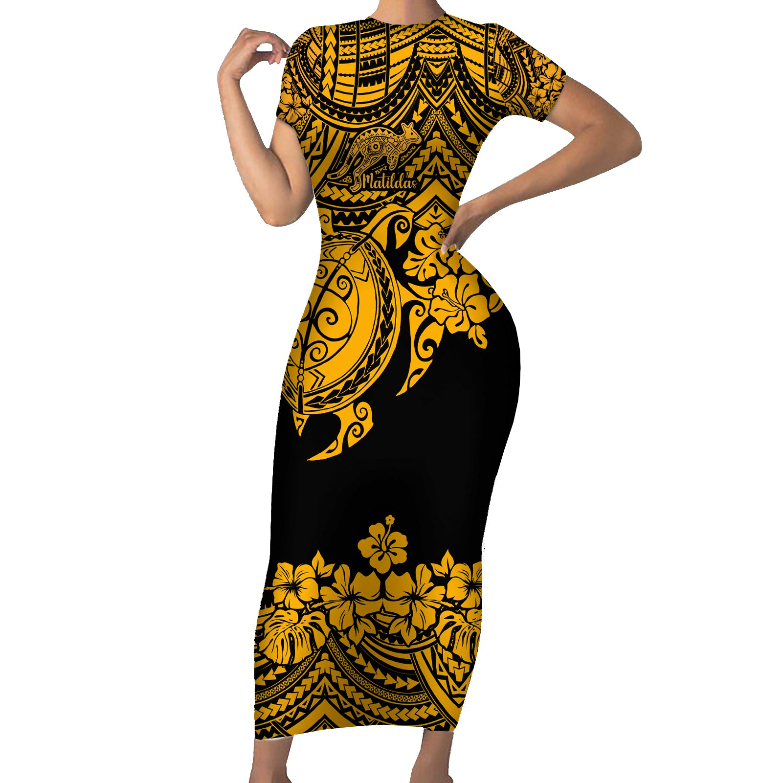 custom-australia-matildas-family-matching-short-sleeve-bodycon-dress-and-hawaiian-shirt-hibiscus-and-turtle-with-polynesian-pattern