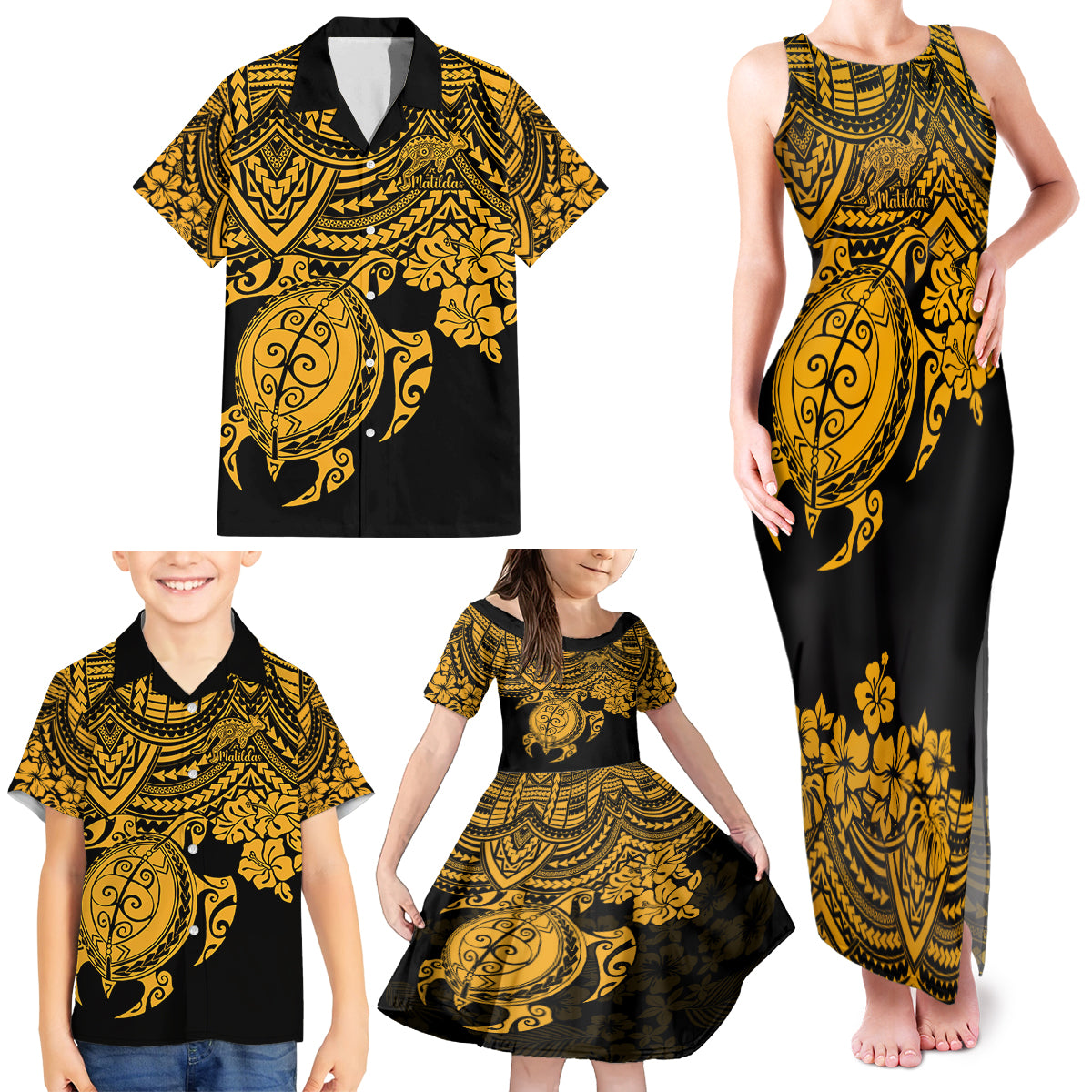 custom-australia-matildas-family-matching-tank-maxi-dress-and-hawaiian-shirt-hibiscus-and-turtle-with-polynesian-pattern