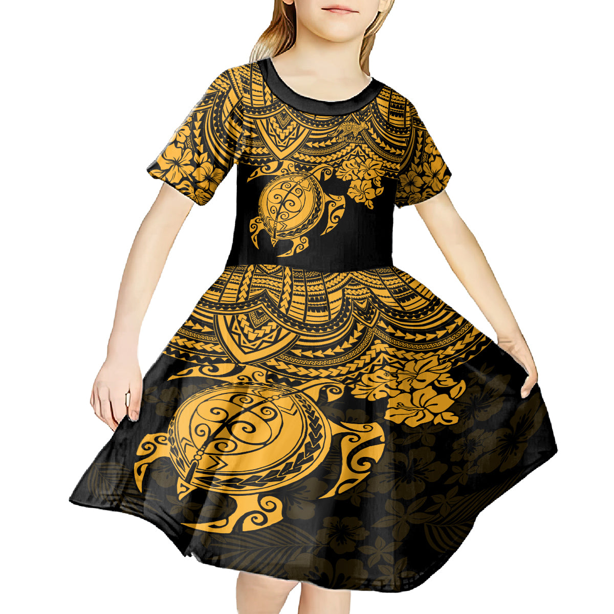 custom-australia-matildas-kid-short-sleeve-dress-hibiscus-and-turtle-with-polynesian-pattern