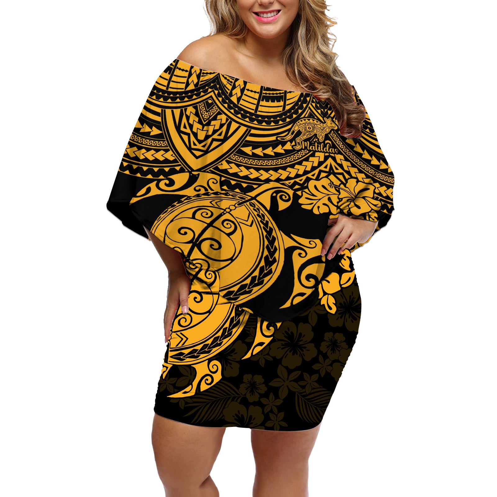 custom-australia-matildas-off-shoulder-short-dress-hibiscus-and-turtle-with-polynesian-pattern