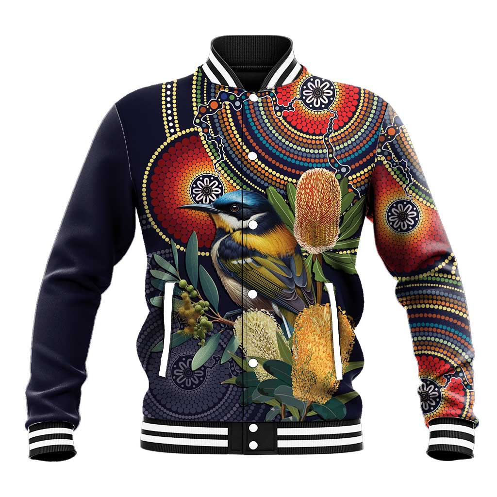 Aussie Honeyeaters Banksia Flowers Baseball Jacket Aboriginal Dots Painting