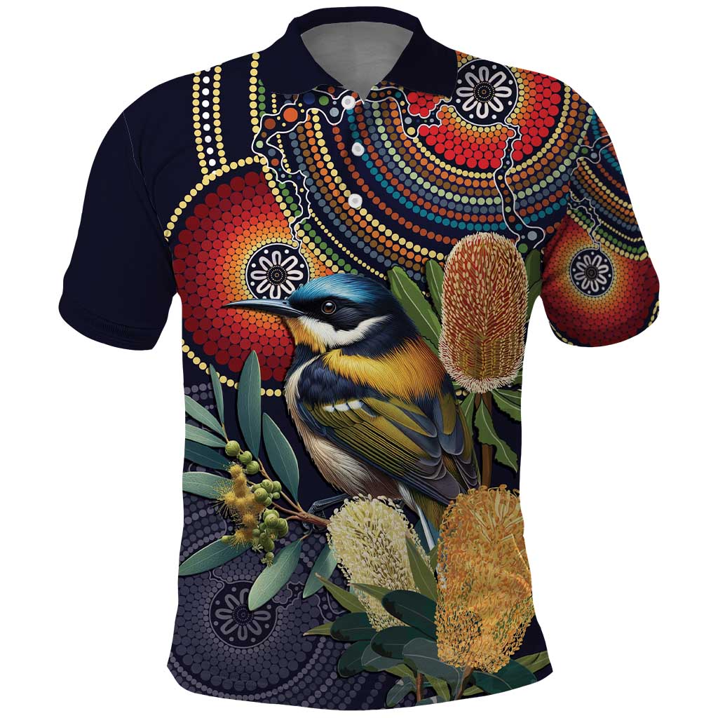 Aussie Honeyeaters Banksia Flowers Polo Shirt Aboriginal Dots Painting