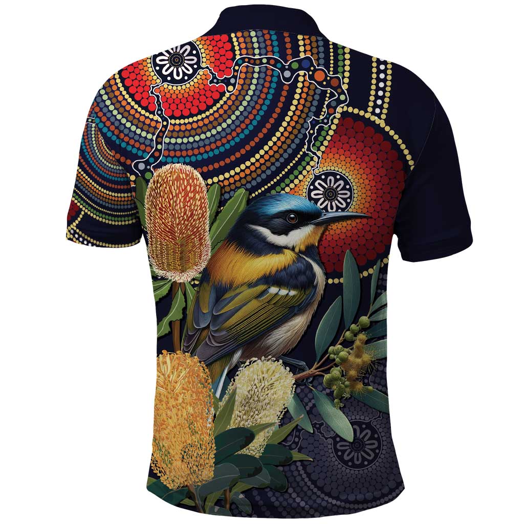 Aussie Honeyeaters Banksia Flowers Polo Shirt Aboriginal Dots Painting