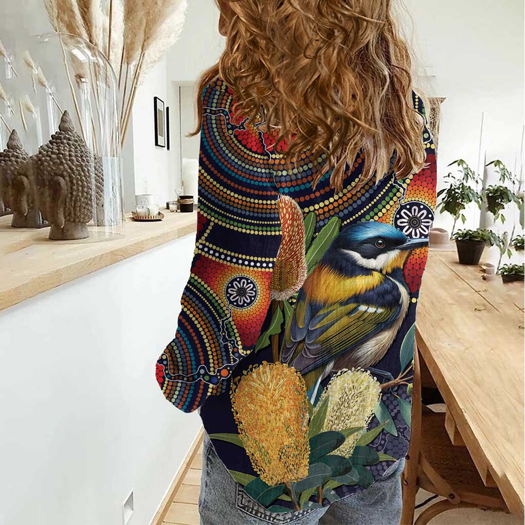 Aussie Honeyeaters Banksia Flowers Women Casual Shirt Aboriginal Dots Painting