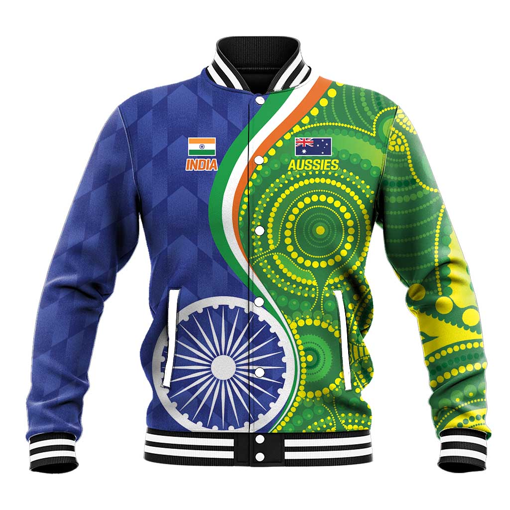 India Vs Australian Cricket Custom Baseball Jacket Ashoka Chakra and Aboriginal Together